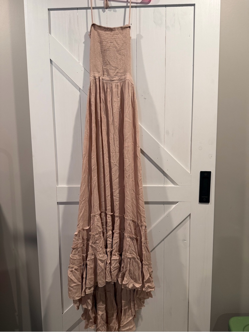 Smocked Bodice Ruffle-Hem Maxi Dress in Blush Pink